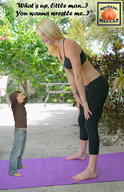 collage small_man size_difference blonde barefoot story amazon looking_down outdoors pedicure challenge squeezemeflat looking_at_tiny wrestling_mat