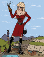 breasts drawing giantess city mega blonde black_hair color long_hair destruction handheld skirt water buildings dress boots giantesses boats outdoors purse corset necklace ships crowds wall native_american