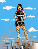 drawing giantess city long_hair destruction high_heels fishnets smoke leather outdoors streaks