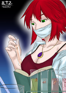 drawing color cleavage red_hair shrunken_man scientist acid etz looking_at_tiny impartial_giantess