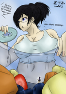drawing color cleavage brunette unaware shrunken_man updo_hairstyle etz