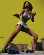 breasts giantess city mega upskirt long_hair handheld bra skirt brunette vehicles outdoors no_background attack_of_the_50_foot_woman digital_render nancy_archer
