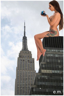 breasts giantess collage nude city mega long_hair brunette sitting outdoors tattoo new_york_city empire_state_building sitting_on_building head_down