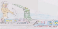 drawing giantess white_hair short_hair open_mouth stripped trains crane
