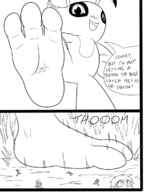 drawing giantess crush pokemon macro monochrome toes barefoot soles low_angle smiling shrunken_men looming dialogue running_away celebi looking_at_tinies