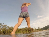 giantess collage barefoot water island shorts walking trees top