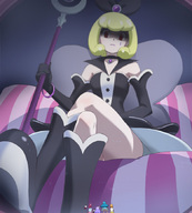 drawing blonde long_hair purple_hair blue_hair red_hair dress short_hair boots sitting shrunken_woman staff long_gloves