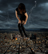 collage city mega destruction brunette wonderslug boots fire skyscraper clouds los_angeles sky lightning