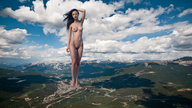 giantess collage nude city mega black_hair long_hair destruction outdoors arm_raised