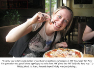 blonde long_hair brunette smiling shrunken_woman captions indoors looking_at_viewer pizza midyin_slag