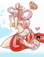 drawing giantess long_hair swimsuit barefoot pink_hair sitting monkey_d_luffy shirahoshi no_background butt_crack