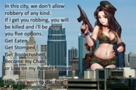 giantess collage city long_hair gun drawing_collage brunette belly shorts captions outdoors revealing_outfit