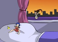 drawing long_hair bed blue_hair brunette smiling skyline dress sitting shrunken_woman jumping indoors herretik
