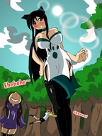 drawing blushing black_hair long_hair cleavage huge_breasts brunette mini_giantess shrunken_woman forest cat_girl captions outdoors nosebleed hanging_on herretik
