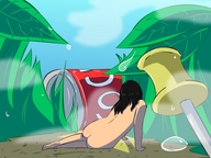 drawing long_hair lying_down can shrunken_woman grass outdoors coca_cola herretik back_hair thumb_tack dew
