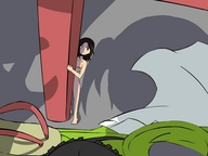 drawing black_hair bra sandals shadow shrunken_woman hiding covering_breasts herretik