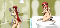 drawing blushing color long_hair shrunken embarrassed red_hair shrunken_woman showering covering_breasts steam herretik