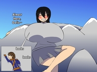drawing giantess blushing black_hair color long_hair skirt climbing huge_breasts smiling mountains reclining herretik long_sleeves