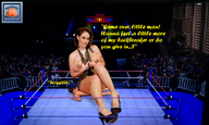 collage size_difference long_hair high_heels butt_crush brunette topless mini_giantess sitting indoors dialogue squeezemeflat wrestling_ring