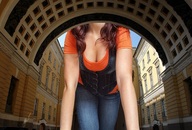 giantess collage long_hair cleavage jeans brunette crawling shirt vest