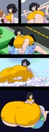 drawing growth giantess giga comic destruction brunette breast_expansion outgrowing_building yellow_top april white_shorts kenj cosmic_giantess giant_beasts
