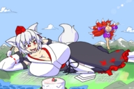 drawing white_hair mega barefoot cleavage anime touhou red_eyes breast_crush smiling cake red_hair lying_down foot_crush kitsune giantesses ankles giga-sakura momiji_inubashiri kenj between_breasts