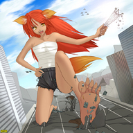 drawing tail city destruction claws toes barefoot helicopter soles anime tank omc yellow_eyes smiling red_hair foot_crush battle foot_print fox_girl ankles looking_at_tiny black_shorts