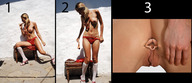 breasts nipples insertion blonde handheld high_heels anal sandals anal_insertion shrunken_woman red_thong food_play knee_highs white_socks looking_at_tiny bead_necklace