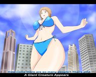 bikini breasts drawing giantess blushing city color green_eyes brunette smiling underboob captions point_of_view riho_futaba thedaibijin demolition_girl