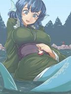 drawing gentle giantess blushing color large_breasts blue_eyes clothed water touhou blue_hair mermaid forest monster_girl wolf_girl utopia obi smalll_women fisher