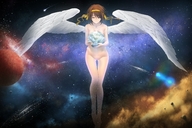 drawing gentle giantess nude earth wings angel space color planet barefoot cleavage brunette goddess brown_eyes smiling haruhi_suzumiya ankles hairband cosmic_giantess trix