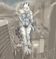 breasts drawing nipples white_hair nude horns tail city color destruction claws handheld traffic helicopter smiling foot_crush rain hand_crush screaming monster_girl necklace vehicle_crush kaiju dejanira reviewer gts_reviewer