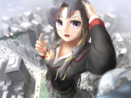 drawing giantess city black_hair color destruction military tank purple_eyes uniform airplane explosion braid above_view uru little_busters! kurugaya_yuiko