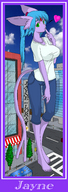 tail city toes barefoot anime green_eyes jeans blue_hair jayne bus blue_skin looking_at_viewer ankles white_top lorax pointed_ears
