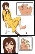 drawing gentle blushing blue_eyes toes barefoot brunette smiling dress foot_play shrunken_man disney ankles jj-psychotic jane looking_at_tiny tarzan footheld jane_porter