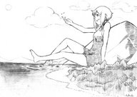 drawing blonde monochrome toes barefoot anime smiling sitting mountains forest birds ankles black_slip