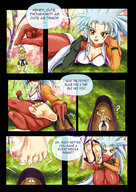 drawing comic color handheld toes barefoot cleavage anime blue_hair yellow_eyes in_shoe story lying_down sitting shrunken_man ryoko tenchi_muyo