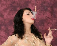 collage brunette shrunken_men shrunken_man dangle smoking_giantess looking_at_tiny bound_by_wrists