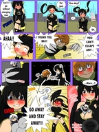 drawing blushing comic black_hair color claws cleavage embarrassed mini_giantess shrunken_man herretik heibai between_breasts
