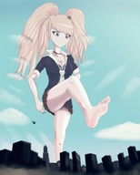 drawing giantess mega blonde color barefoot cleavage outdoors choker raised_foot iodain