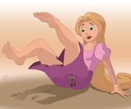 blonde toes barefoot soles butt_crush green_eyes looking_down disney ankles purple_dress falling_down rapunzel kisparlius