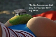 butt lying_down captions blue_thong shrunken_house on_body striped_top