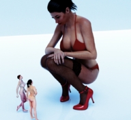 bikini breasts nude butt barefoot cleavage high_heels brunette squatting shrunken_woman manicure fishnet_nylons looking_at_tiny digital_render flagg3d hoop_earings