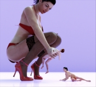 bikini breasts nude butt handheld barefoot cleavage high_heels brunette smiling squatting shrunken_woman manicure fishnet_nylons looking_at_tiny digital_render flagg3d hoop_earings