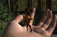 black_hair handheld short_hair hand shrunken_woman dark_skin candy digital_render midyin