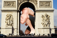 collage city giant barefoot posing muscles shorts vehicles outdoors crowds