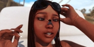 brunette brown_eyes smiling shrunken_men animation shrunken_man sunglasses mike973 on_face looking_at_tiny digital_render