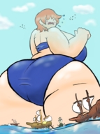 breasts drawing giantess mega color butt swimsuit ocean red_hair boats thick_thighs looking_at_tiny thaddeusmcboosh