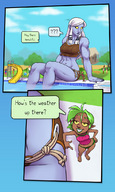 drawing giantess white_hair comic color swimsuit yellow_eyes story pool slide poolside dialogue purple_skin falingard skadi