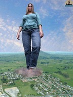 collage destruction clothed jeans town shadester houses looking_at_viewer countryside